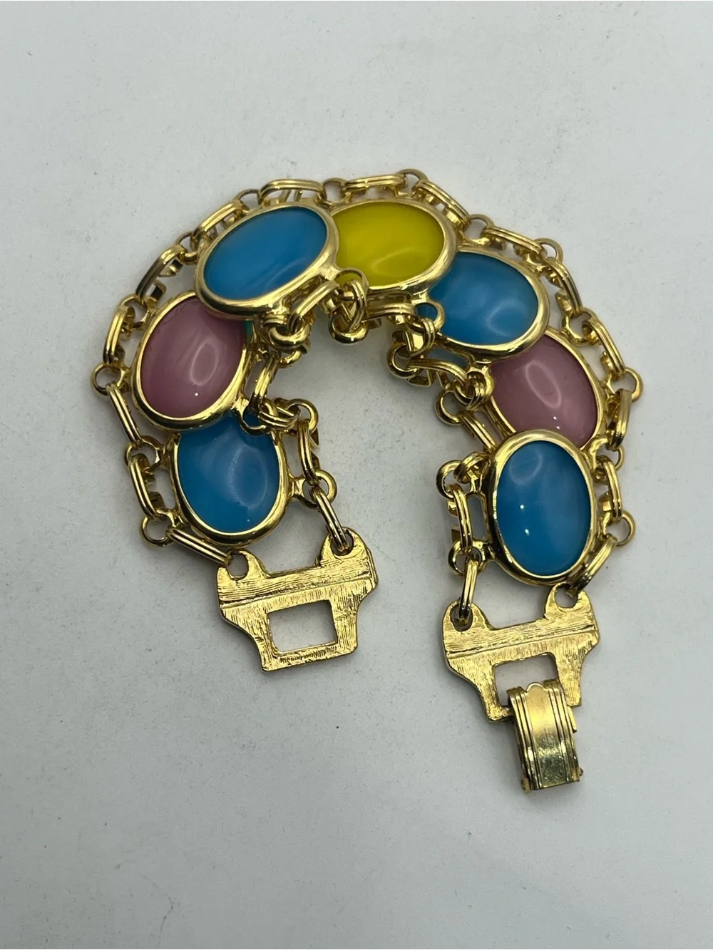 Pale Pink, blue, yellow oval cabochon gold tone vintage chain bracelet